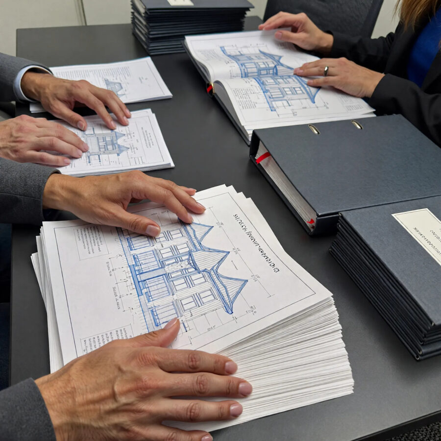 Building permit drawings showing technical construction details, code compliance, and building systems coordination