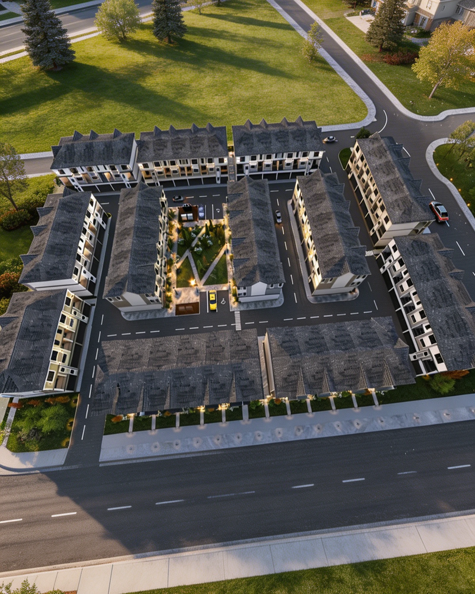 Aerial view of Calgary multifamily row housing master site plan with internal roads, parking, and central amenity space