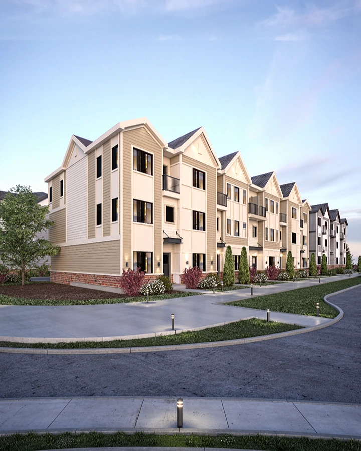 Street-level multifamily townhouse design with landscaped frontage and human-scale residential massing
