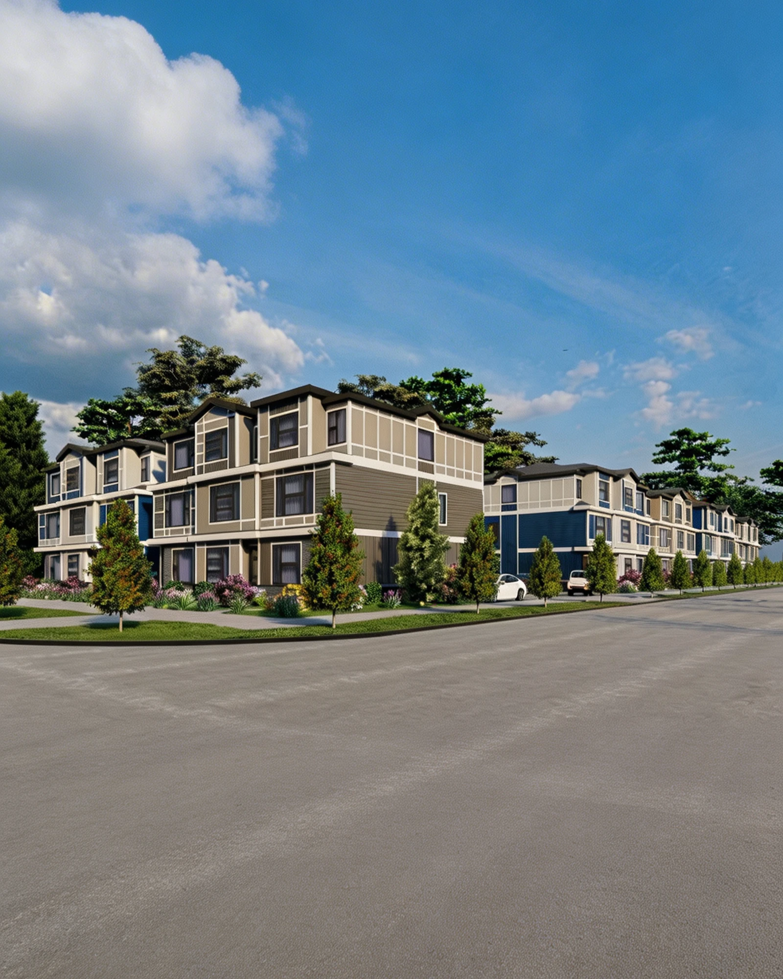 Modern multifamily row housing along a street with repeated building rhythm and coordinated massing