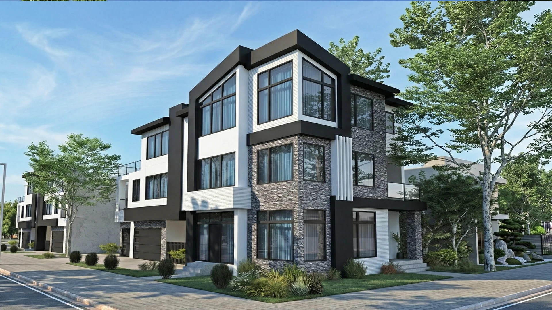 Corner perspective rendering of a three-storey multifamily residential building