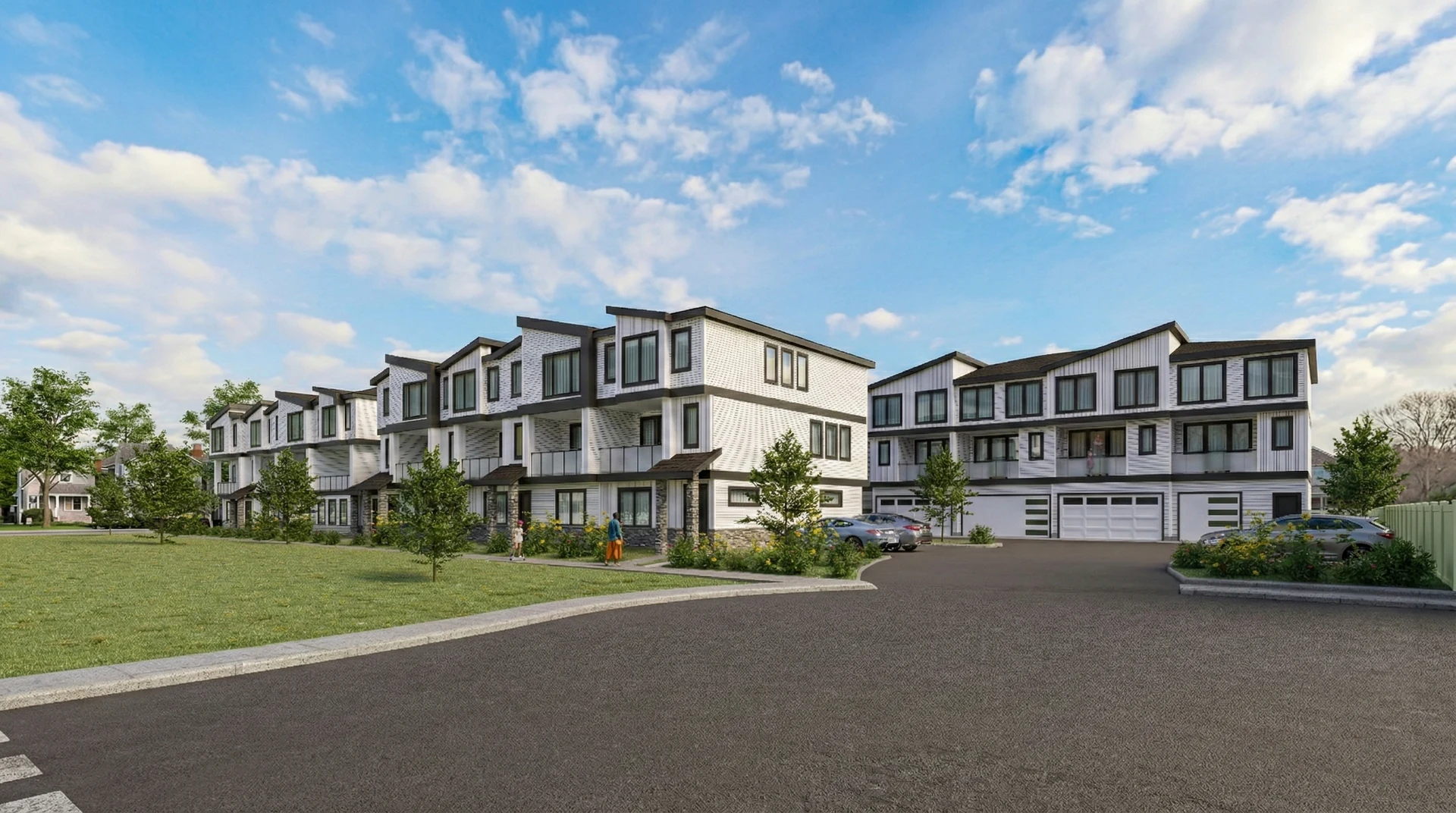 Landscape rendering of a residential community with coordinated three-storey buildings