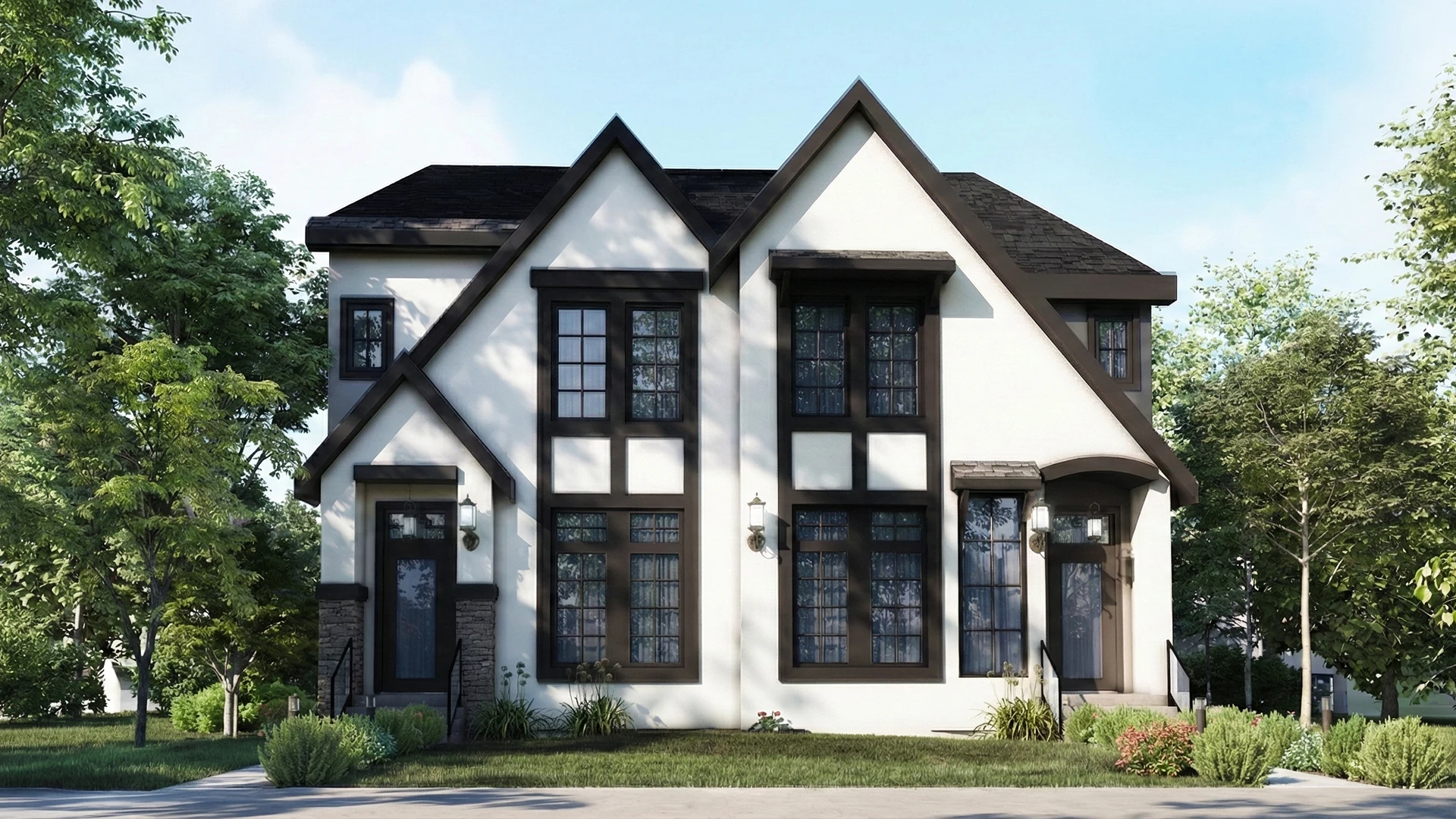 Front perspective rendering of a residential design with paired gables and contrasting exterior materials