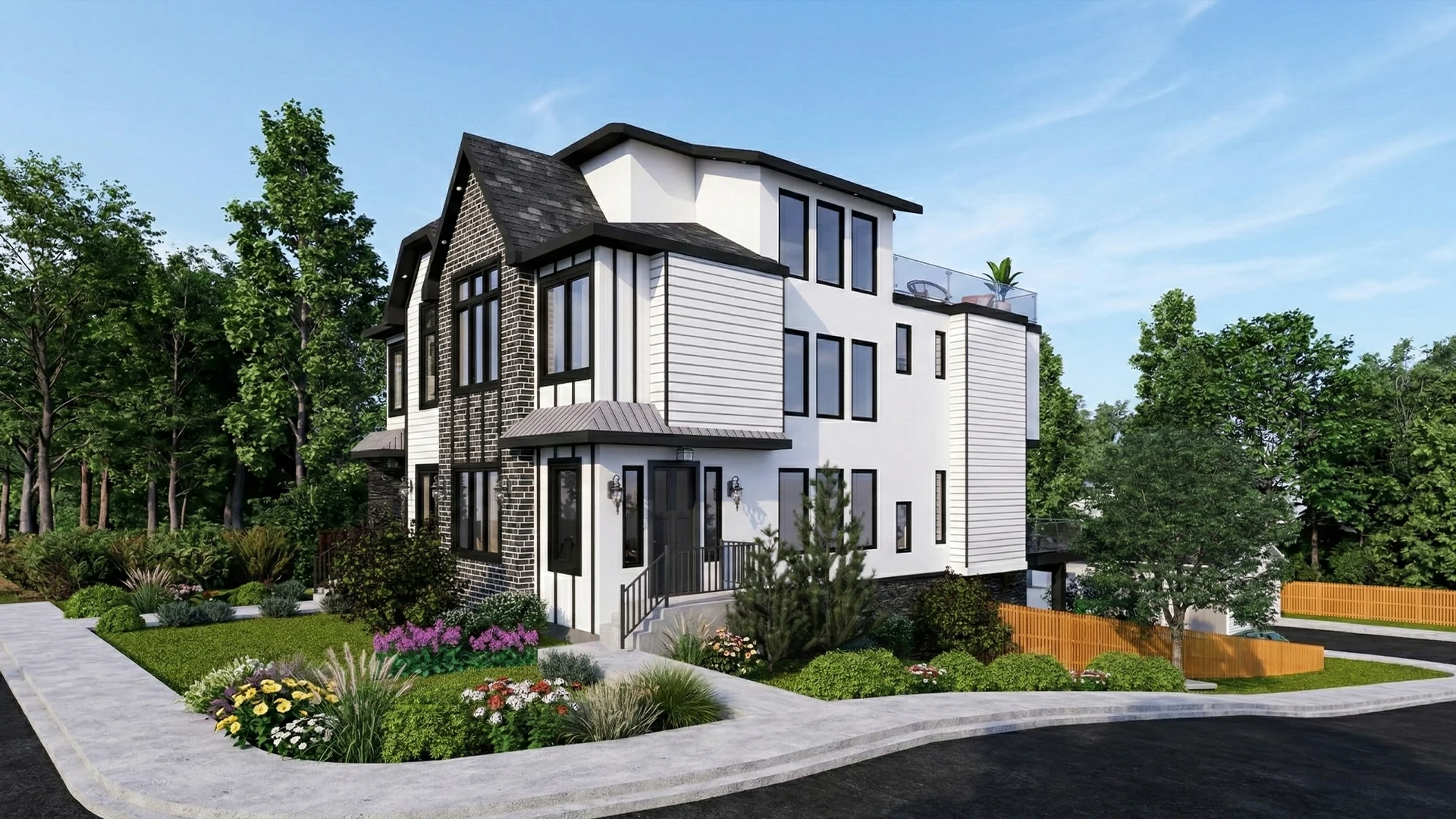 Corner perspective rendering of a semi-detached residential design with gabled elevations