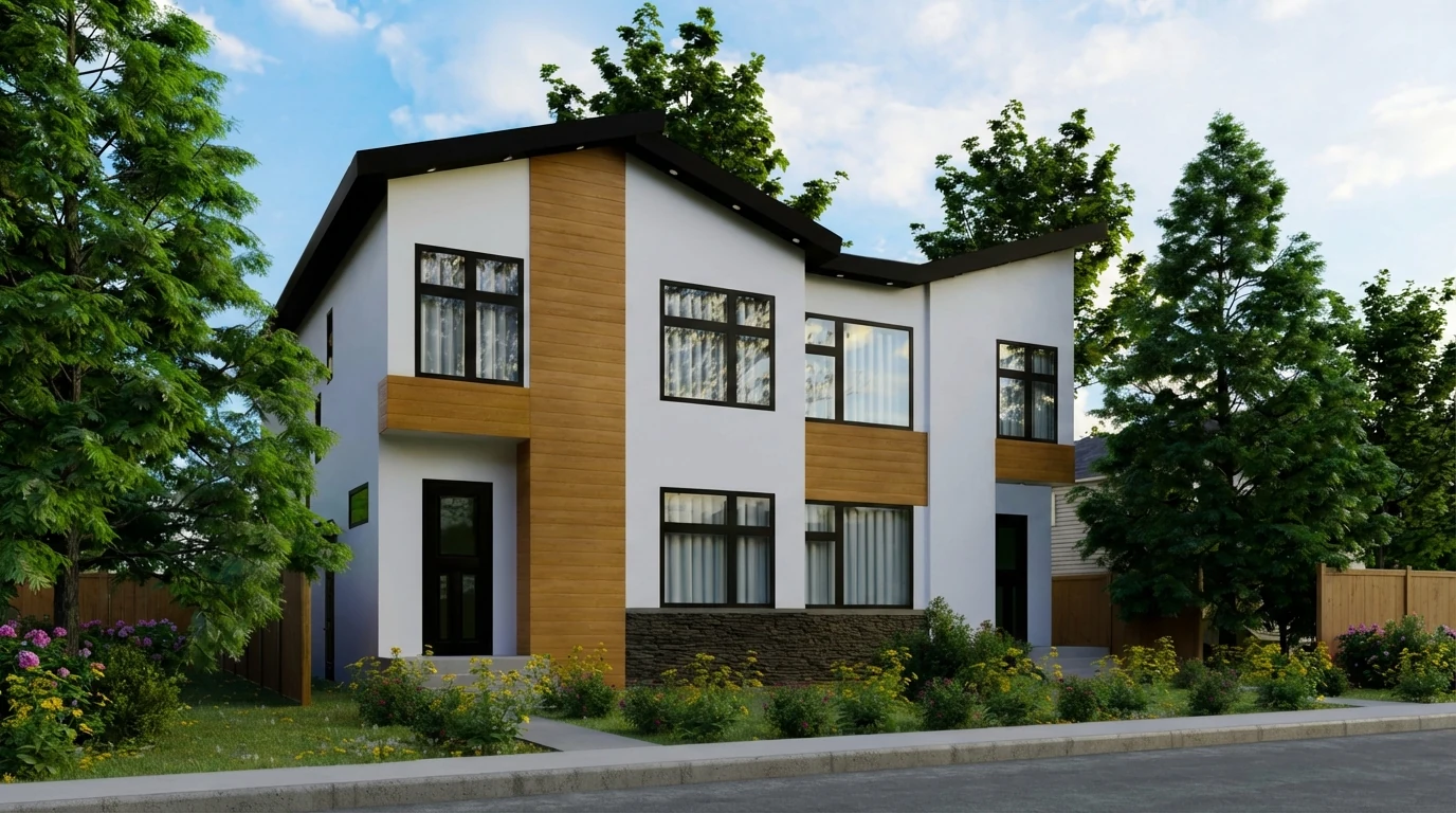 Front perspective rendering of a contemporary residence with wood accents and a sloped roof