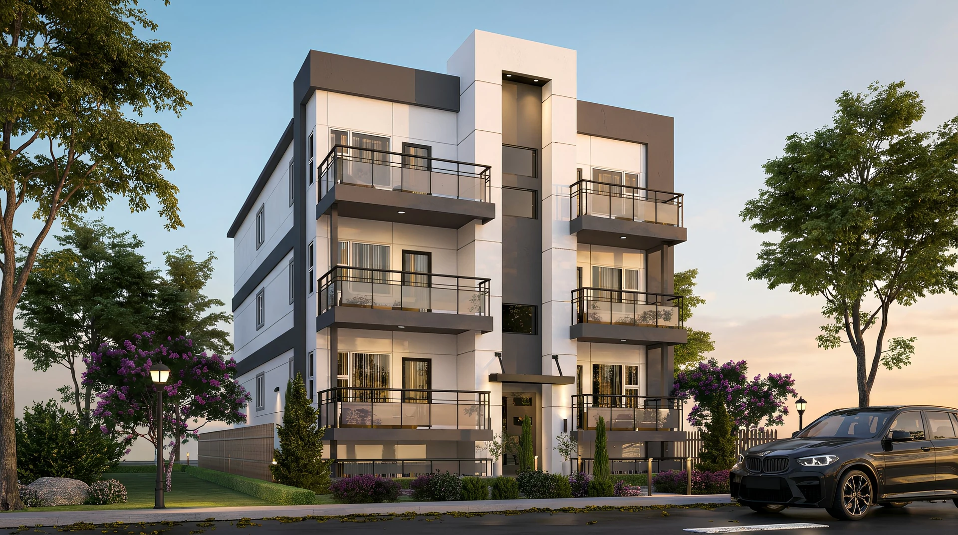 Front perspective rendering of a compact walk-up apartment building with balconies
