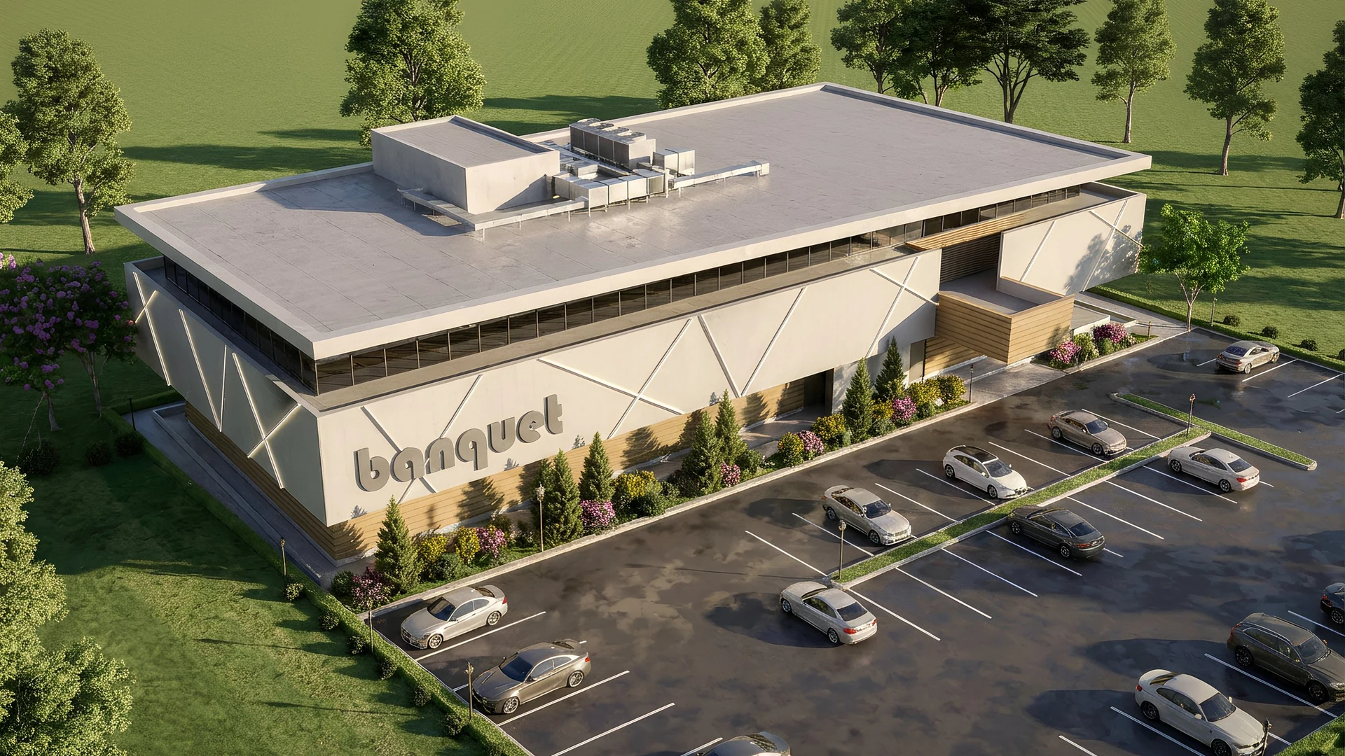 Aerial rendering of a contemporary banquet hall with parking and landscaped frontage