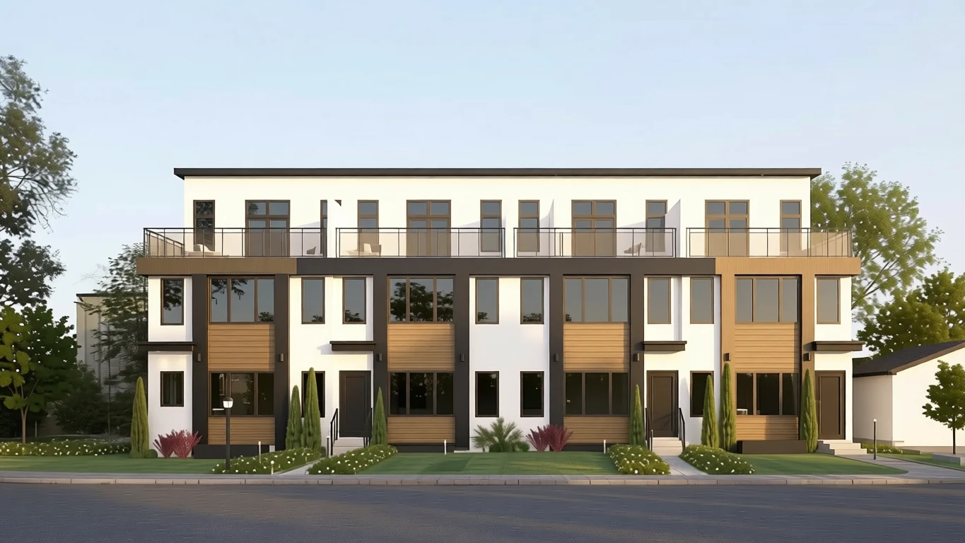 Front elevation rendering of modern three-storey rowhouses with wood accents