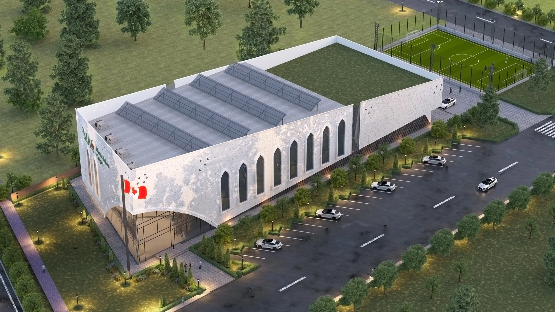 Aerial rendering of a school building with a curved facade and surrounding site planning