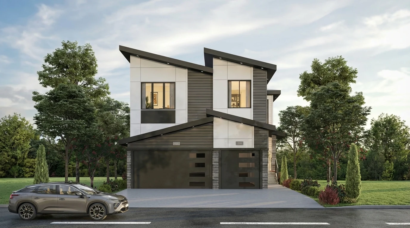 Front perspective rendering of a modern semi-detached home with sloping rooflines and garages