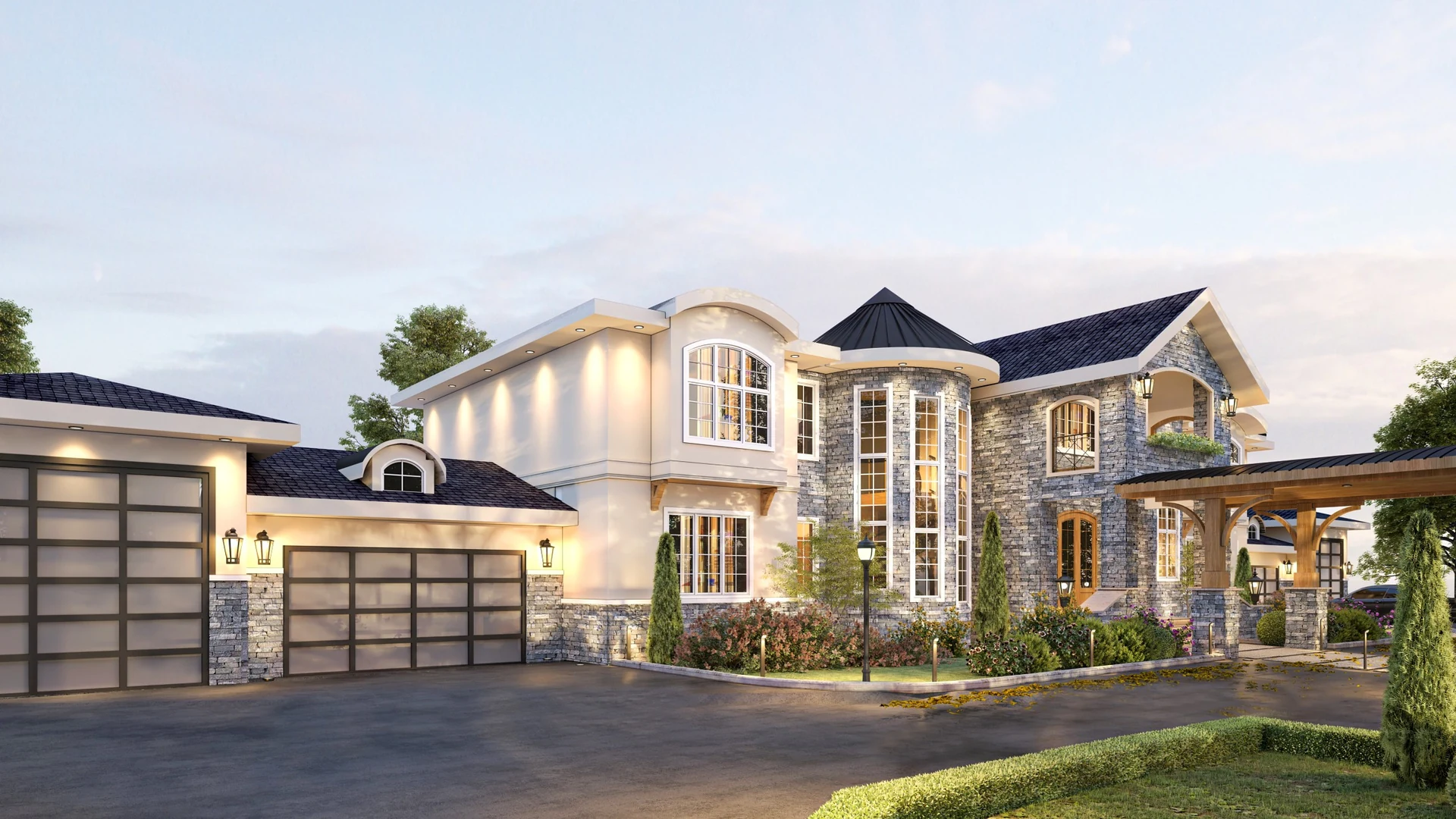 Evening rendering of a large custom residence with stone cladding and a double-height entrance