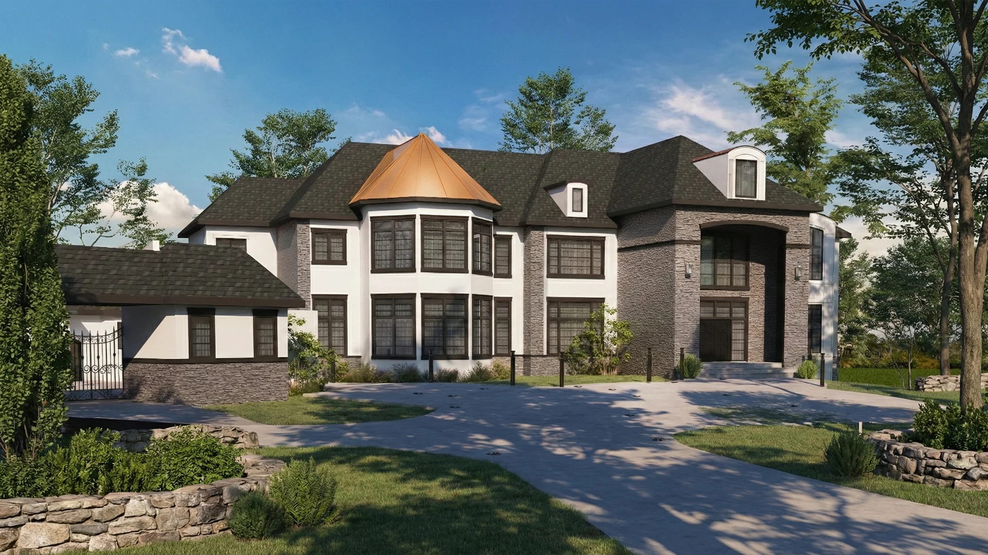 Front perspective rendering of a custom residence with a central bay and attached garage